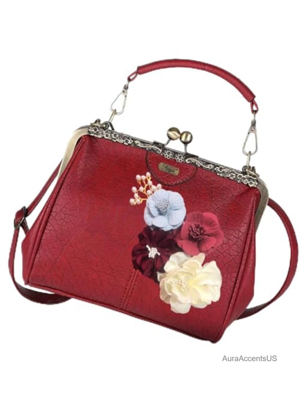 Vintage PU Leather Floral Evening Bag with Detachable Crossbody Strap, Kisslock
